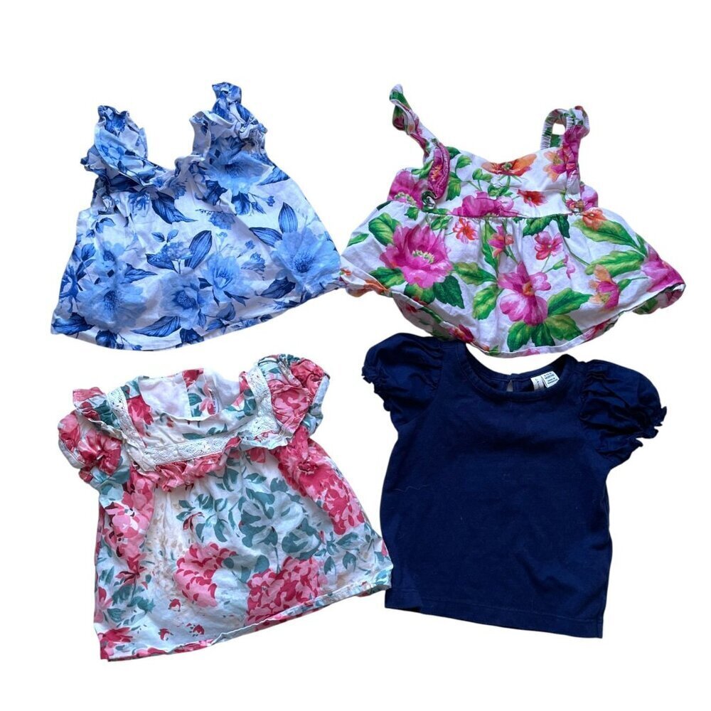 Janie & Jack 4-Piece Baby Girl Summer Clothes Bundle: Floral Tops & Navy Tee